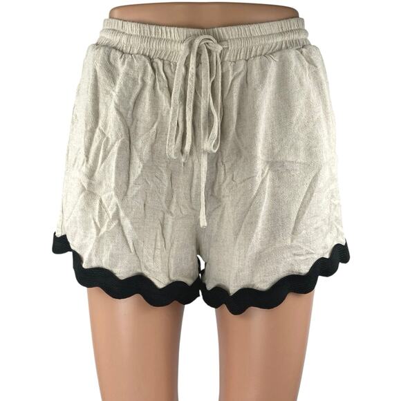 Anniewear Women's Beige Black Scalloped Hem Drawstring Lounge Shorts Size S - Picture 1 of 5